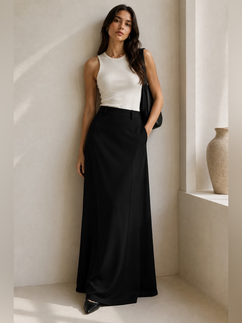 NWT UOOZEE Black Maxi A-Line Skirt Minimalist Quiet Luxury Size L - Picture 7 of 15